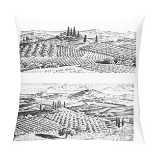 Personality  Rustic Vineyard. Rural Landscape With Houses. Solar Tuscany Background. Fields And Cypress Trees. Harvesting And Haystacks. Engraved Hand Drawn In Old Sketch And Vintage Style For Label. Pillow Covers