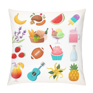 Personality  Set Of Colorful Summer Picnic Icons Ice Creams Fruit And Flowers. Items You Take To An Outdoors Party. Isolated Vector Stickers. Pillow Covers