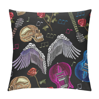 Personality  Embroidery Rock Music Seamless Pattern. Guitar, Gothic Roses Pillow Covers