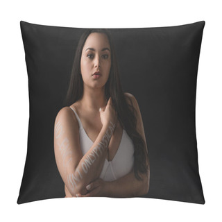 Personality  Beautiful Plus Size Model Covering Bust With Hand With Lettering Violence Is Not Only Physical Isolated On Black Pillow Covers