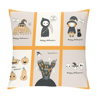 Personality  Set Of Halloween Hand Drawn Greeting Cards With Kawaii Funny Characters, Text, Pumpkins, Haunted House, Ghosts, Design Concept For Kids Print And Party Invitation. Pillow Covers