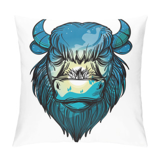 Personality  Head Of A Buffalo With A Night Forest Landscape. Vector Illustration For Prints On T-shirts, Tattoos And Much More. Pillow Covers