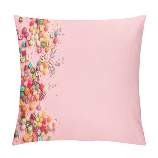 Personality  Top View Of Multicolored Candies And Sprinkles Scattered On Pink Background With Copy Space Pillow Covers