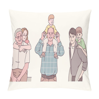 Personality  Granddaughter Hugs Grandpa. Grandpa Puts His Grandson On His Shoulder. Father Is Carrying His Son On His Back. Hand Drawn Style Vector Design Illustrations. Pillow Covers