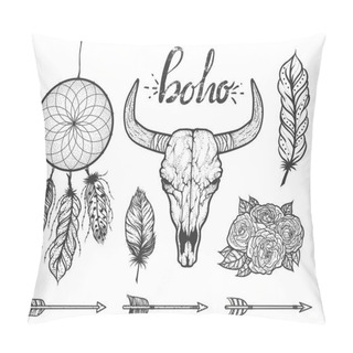 Personality  Set Of Boho Elements. Bull Skull Native Americans Tribal Style. Tattoo Blackwork. Vector Hand Drawn Illustration. Pillow Covers
