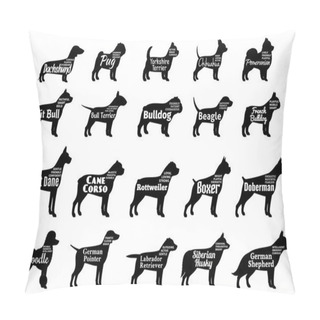 Personality  Vector Dog Silhouettes Collection Isolated On White. Dogs Breeds Names Pillow Covers
