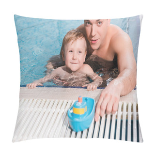 Personality  Swim Coach Near Happy Toddler Boy And Toy Ship In Swimming Pool  Pillow Covers