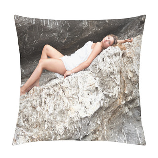 Personality  Woman Laying And Relaxing On A Rock By The Sea Pillow Covers