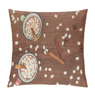 Personality  Top View Of Cups With Hot Chocolate, Marshmallows And Cinnamon Sticks On Wooden Table Pillow Covers