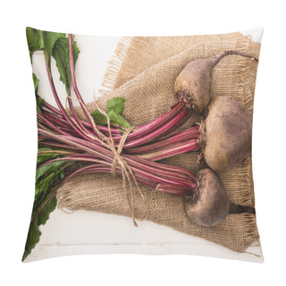 Personality  Top View Of Beetroot Tied With Rope On Sackcloth On White Wooden Table Pillow Covers