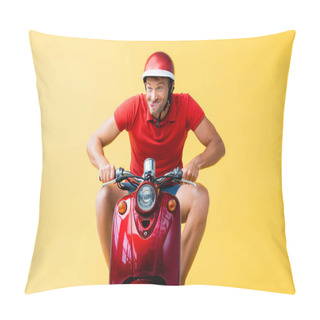 Personality  Funny Man In Helmet Riding Red Scooter And Sticking Out Tongue On Yellow Pillow Covers