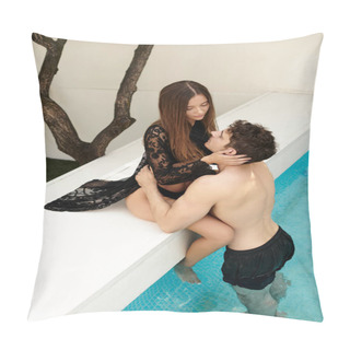 Personality  Sexy Couple, Brunette Woman In Black Swimsuit And Beach Wear Hugging With Shirtless Man In Pool Pillow Covers