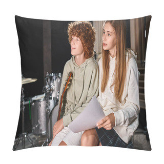 Personality  Adorable Stylish Teenagers In Everyday Attires With Lyrics And Guitar In Hands Looking Away Pillow Covers