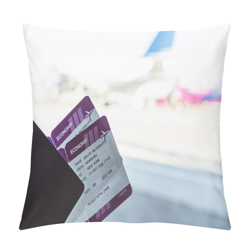 Personality  close up of air tickets and travel bag in airport pillow covers