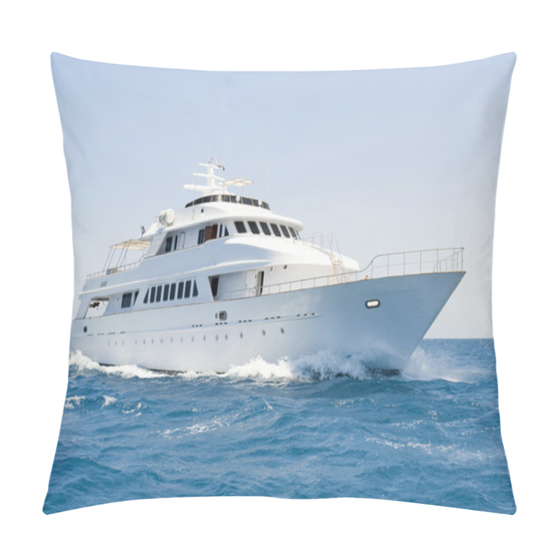 Personality  Large Motor Yacht Under Way At Sea Pillow Covers
