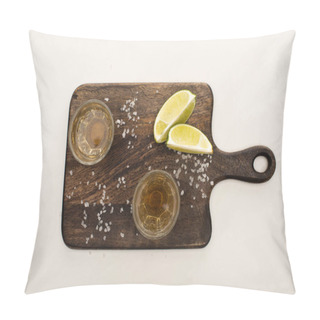 Personality  Top View Of Golden Tequila With Lime, Salt On Wooden Cutting Board On White Marble Surface Pillow Covers
