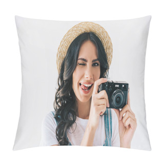 Personality  Winking Woman With Photo Camera In Hands Pillow Covers