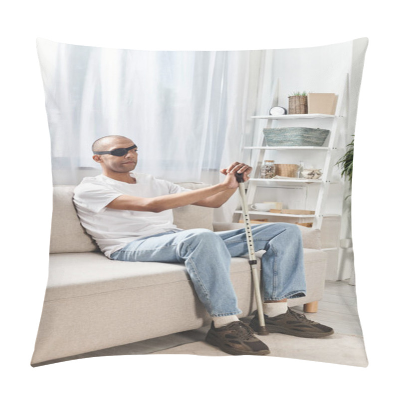 Personality  African American Man With Myasthenia Gravis Syndrome Sitting On A Couch, Holding A Cane, Deep In Thought. Pillow Covers