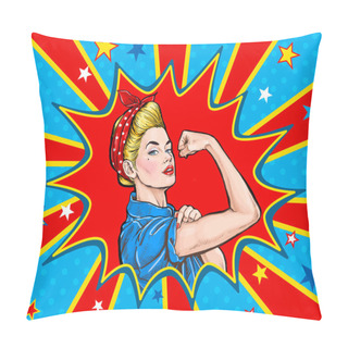Personality  Pop Art Woman Showing Her Biceps. We Can Do It. Girl Power Advertising Poster.  Pillow Covers