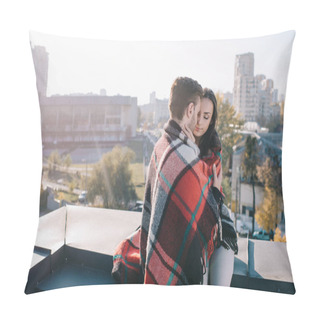 Personality  Beautiful Young Couple Covering In Plaid And Cuddling On Rooftop Pillow Covers