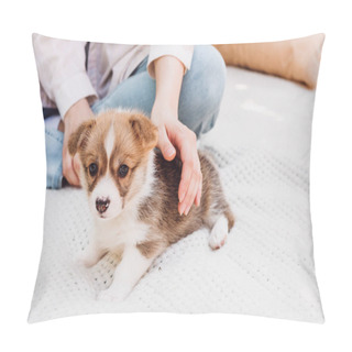 Personality  Partial View Of Young Girl Sitting On White Blanket Outdoors With Cute Fluffy Puppy Pillow Covers