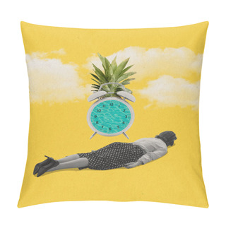 Personality  Contemporary Art Collage. Desperate Woman Lying Face Down Near Alarm Clock In Shape Of Pineapple Isolated Over Yellow Background Pillow Covers