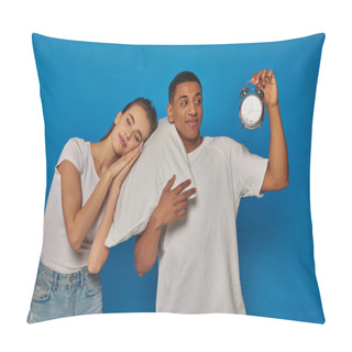 Personality  Woman Sleeping On Pillow Near Cheerful African American Man With Alarm Clock On Blue Backdrop Pillow Covers