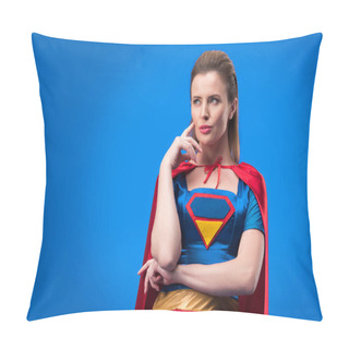 Personality  Portrait Of Pensive Woman In Superhero Costume Looking Away Isolated On Blue Pillow Covers