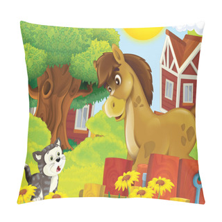Personality  The Farm Illustration For Kids - Many Different Elements - Meeting Of Two Friends - Horse And Cat Chatting Pillow Covers