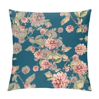 Personality  Flowers Dahlia Painting In Watercolor On Dark Blue Background. Floral Seamless Pattern For Fabric. Pillow Covers