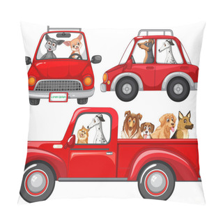 Personality  Dogs In Different Red Cars Set  Illustration Pillow Covers