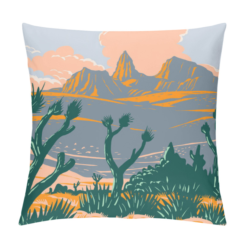Personality  WPA poster art of Joshua tree in Castle Mountains National Monument located in the Mojave Desert and San Bernardino County California done in works project administration or federal art project style. pillow covers