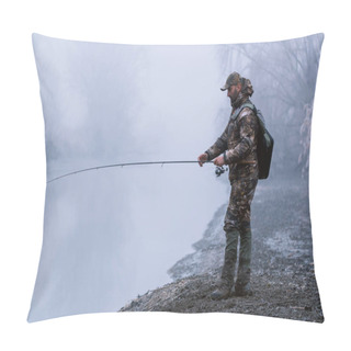 Personality  Fisher Man Fishing With Spinning Rod On A River Bank At Misty Foggy Winter, Spin Fishing, Prey Fishing Pillow Covers
