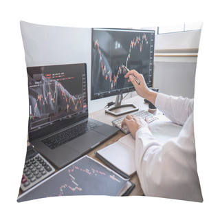 Personality  Stock Exchange Market Concept, Business Investor Trading Or Stock Brokers Having A Planning And Analyzing With Display Screen And Pointing On The Data Presented And Deal On A Stock Exchange. Pillow Covers