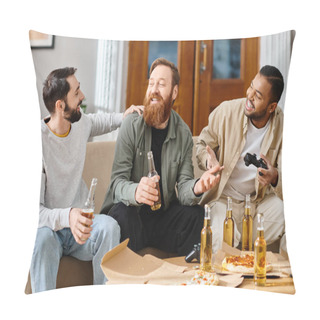 Personality  Three Handsome, Cheerful Men Of Different Races, In Casual Attire, Enjoying Drinks And Each Others Company At A Table. Pillow Covers
