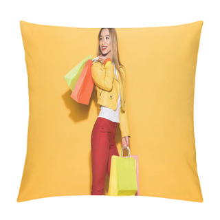Personality  Asian Young Woman With Shopping Bags On Yellow Background  Pillow Covers