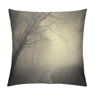 Personality  Road Trough A Dark Mysterious Forest With Fog Pillow Covers
