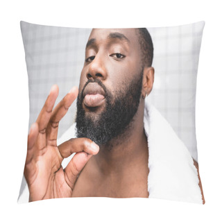 Personality  Portrait Of Afro-american Man Using Cure For Strengthening Beard Growth Pillow Covers