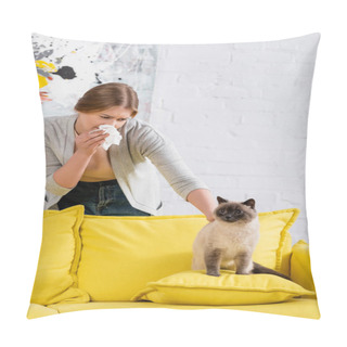 Personality  Woman With Allergy Petting Siamese Cat On Pillow On Couch  Pillow Covers