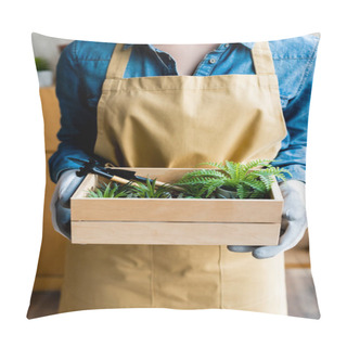 Personality  Cropped View Of Girl In Gloves Holding Wooden Box With Green Plants And Gardening Tools  Pillow Covers