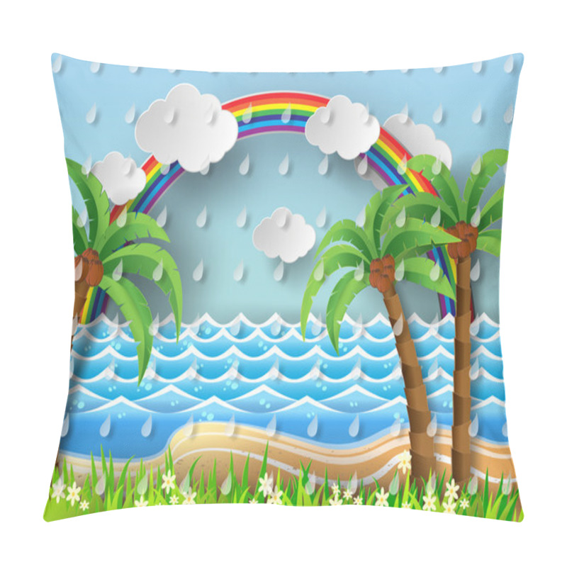 Personality  Coconut trees on the beach and sun wiht rainbow.vector illustrat pillow covers