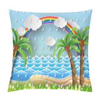 Personality  Coconut Trees On The Beach And Sun Wiht Rainbow.vector Illustrat Pillow Covers