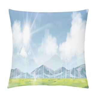 Personality  Spring Landscape Windmill On Grass Land,mountain,blue Sky,cloud And Sun ,Vector Of Nature Green Field With Wind Energetic Turbines For Ecology Environment Banners Or Billboard,World Environment Day  Pillow Covers