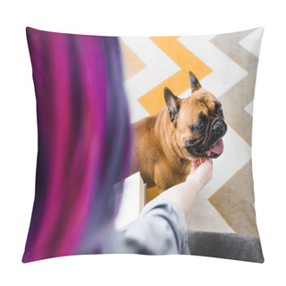Personality  Selective Focus Of Girl With Colorful Hair Petting French Bulldog Pillow Covers
