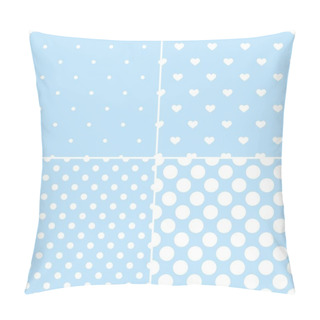 Personality  Blue Tile Vector Pattern Set With White Polka Dots And Hearts On Pastel Background Pillow Covers