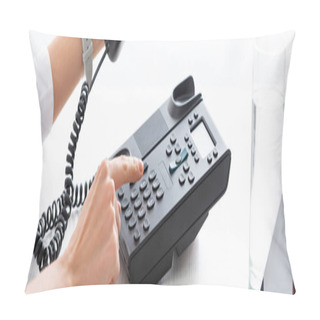 Personality  Cropped View Of Businesswoman Using Phone At Table, Panoramic Shot Pillow Covers