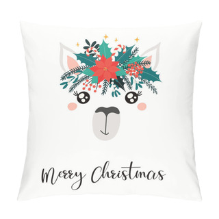 Personality  Hand Drawn Card With Cute Llama Face In Wreath Of Poinsettia, Holly, Mistletoe, Fir, Text Merry Christmas Isolated On White Background, Concept For Holiday Print Pillow Covers
