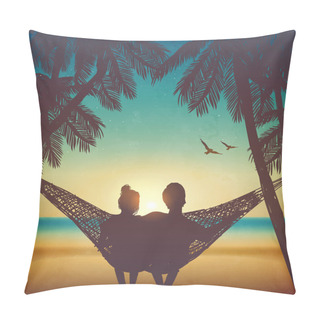 Personality Couple In Love At The Beach On Hammock. Background In Beach Style Pillow Covers