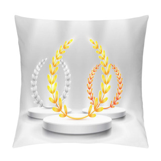 Personality  Stage Podium With Lighting, Stage Podium Scene With For Award Ceremony On Gray Background. Pillow Covers