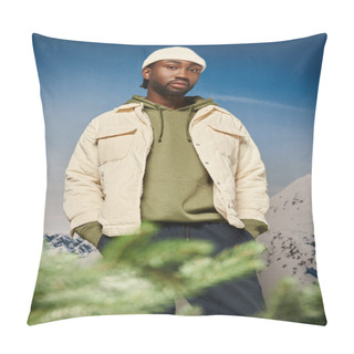 Personality  Good Looking Man In Beanie Hat And Jacket With Mountain Backdrop Looking At Camera, Winter Concept Pillow Covers